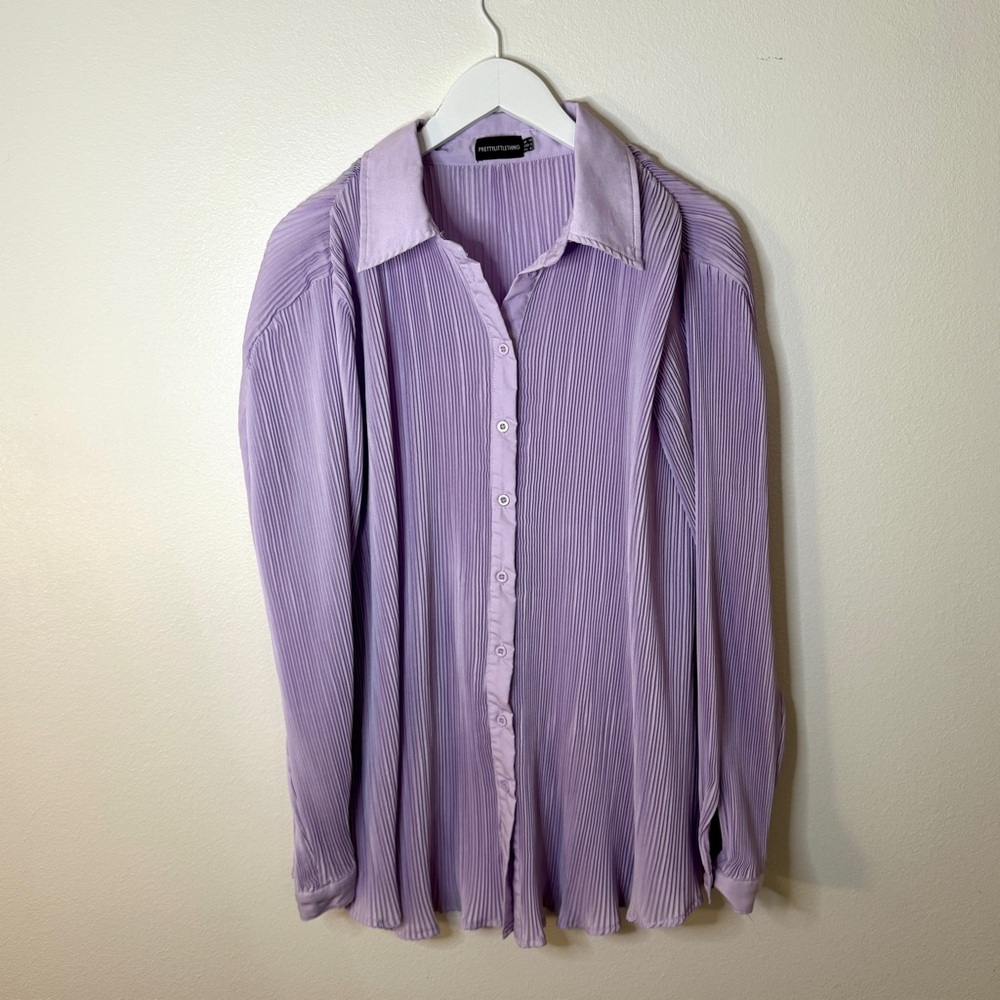 PrettyLittleThing Lilac Pleated Button-Up Shirt/Dress Collared Size 10 Versatile